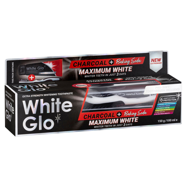 White Glo Charcoal Max White Toothpaste 150g + Toothbrush