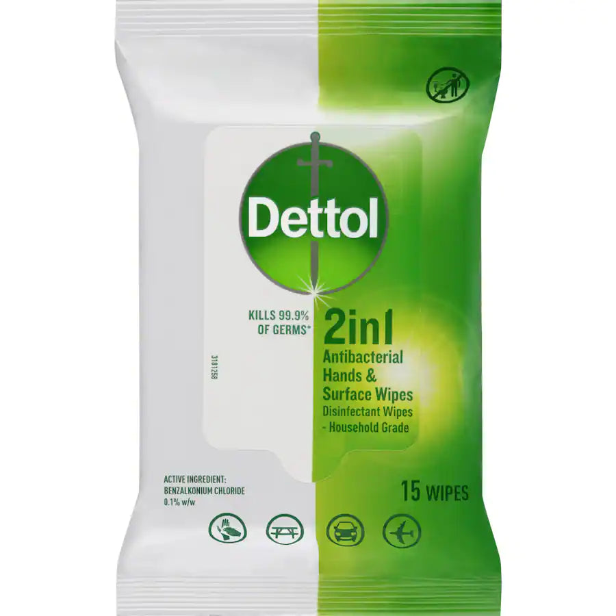 Dettol 2 In 1 Anti-bacterial Hand & Surface Wipes 15pk