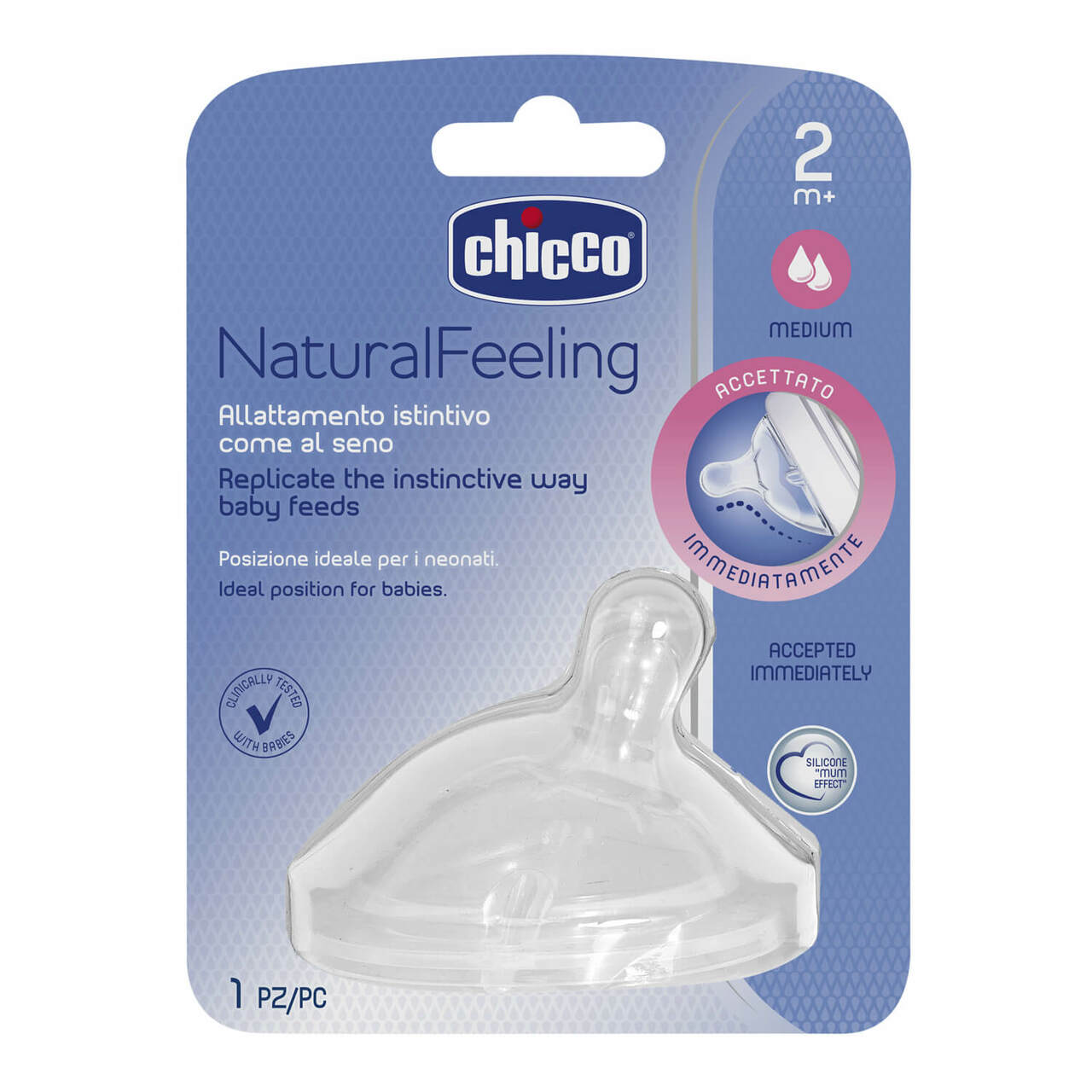 Chicco NaturalFeeling Inclined Silicone Teat 2m+ Med Flow - 1pk